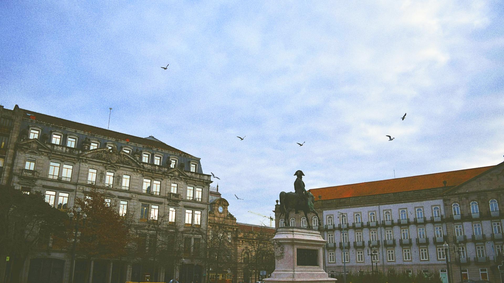 Estatua ecuestre en la Plaza de la Libertad de Oporto