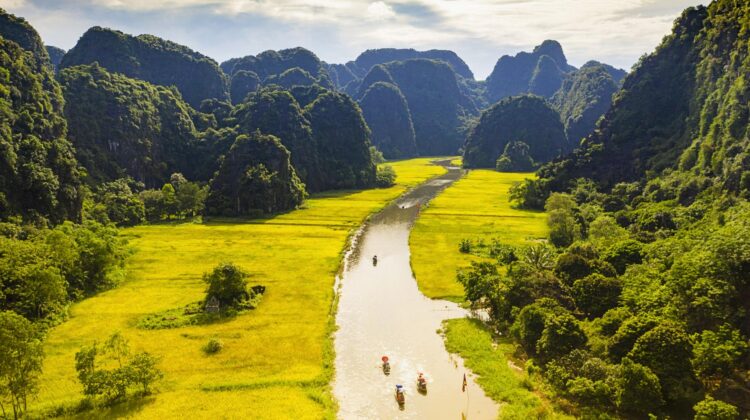 Barcas atravesando el paraje de Ninh Binh